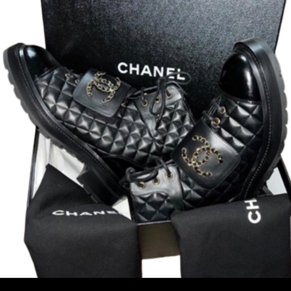 Chanel Lace Up Calfskin & Shiny Calfskin Leather Boots - Picture 2 of 16